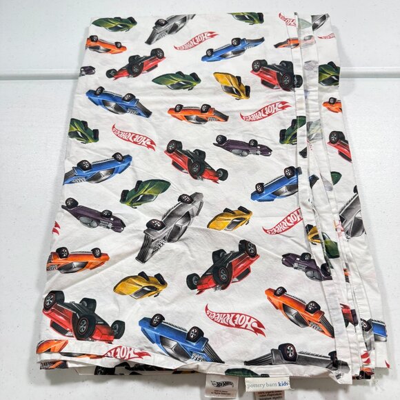 Pottery Barn Kids Twin Flat Sheet Hot Wheels organic cotton red blue cars race - Picture 1 of 10